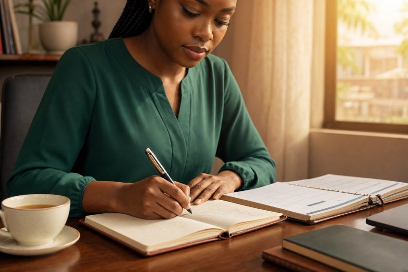 Nigerian woman writing in a therapy journal for structured CBT work