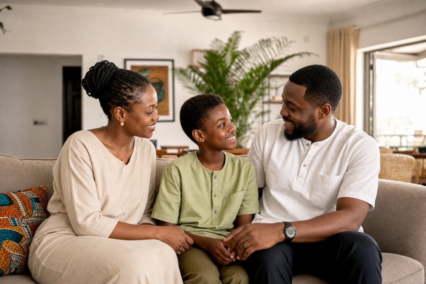 Nigerian family talking together in a comfortable home setting