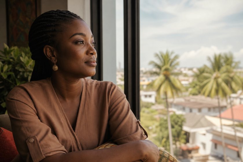 Nigerian woman reflecting peacefully by a sunlit window