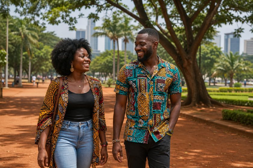 Nigerian friends walking together in a sunny urban park