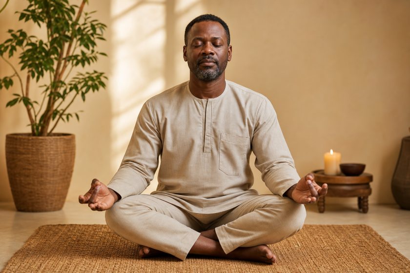 Nigerian man practising calm breathing and relaxation at home