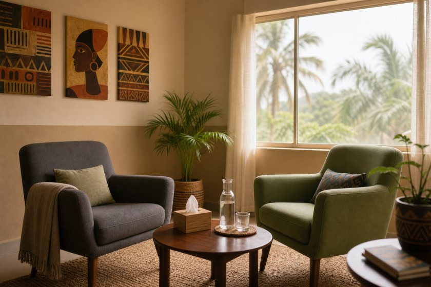 Welcoming Nigerian counseling room ready for trauma-informed care